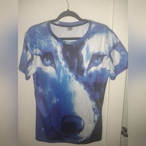 Wolf Graphic T-Shirt Blue White Short Sleeve Tee Men’s Medium